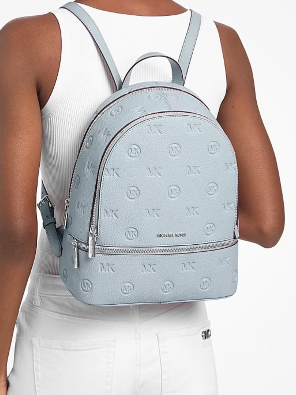 Michael Kors Rhea Medium Zip MK Logo Debossed Backpack
Pale Ocean 
NWT